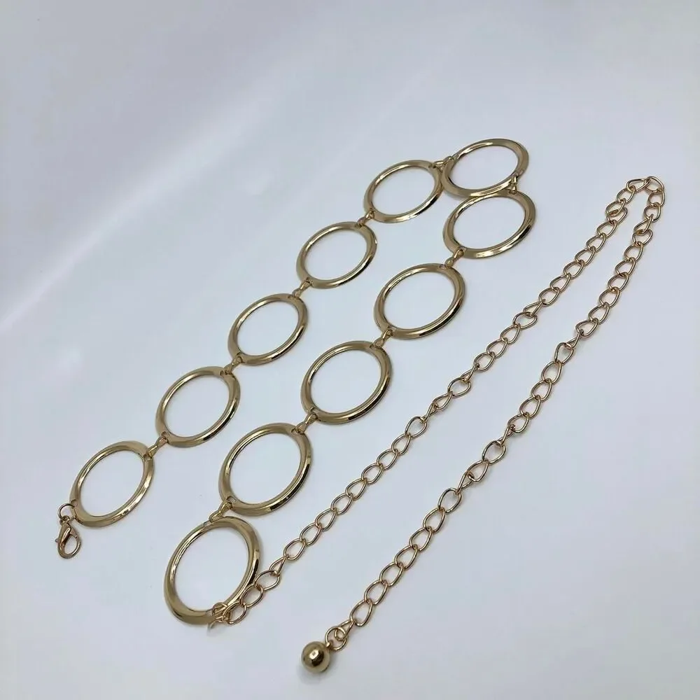 Vintage Y2K Retro Gold Open Circle Chain Belt, Fits 25–44 Inches, X7GA1191